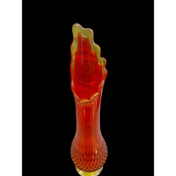 Vintage Red Orange Glass Hobnail Vase Fluted Top Trumpet Art Glass - Picture 3 of 8